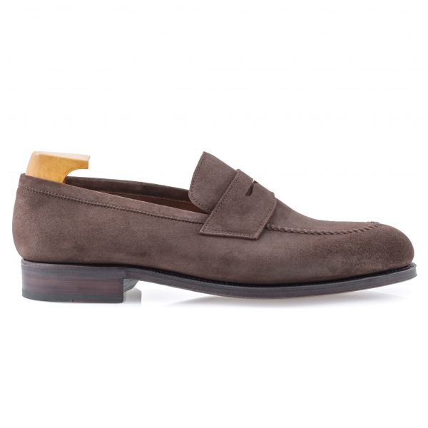 brown suede penny loafer side