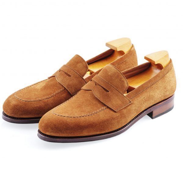 light brown suede penny loafer main