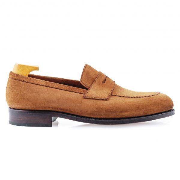 medium brown suede penny loafer side